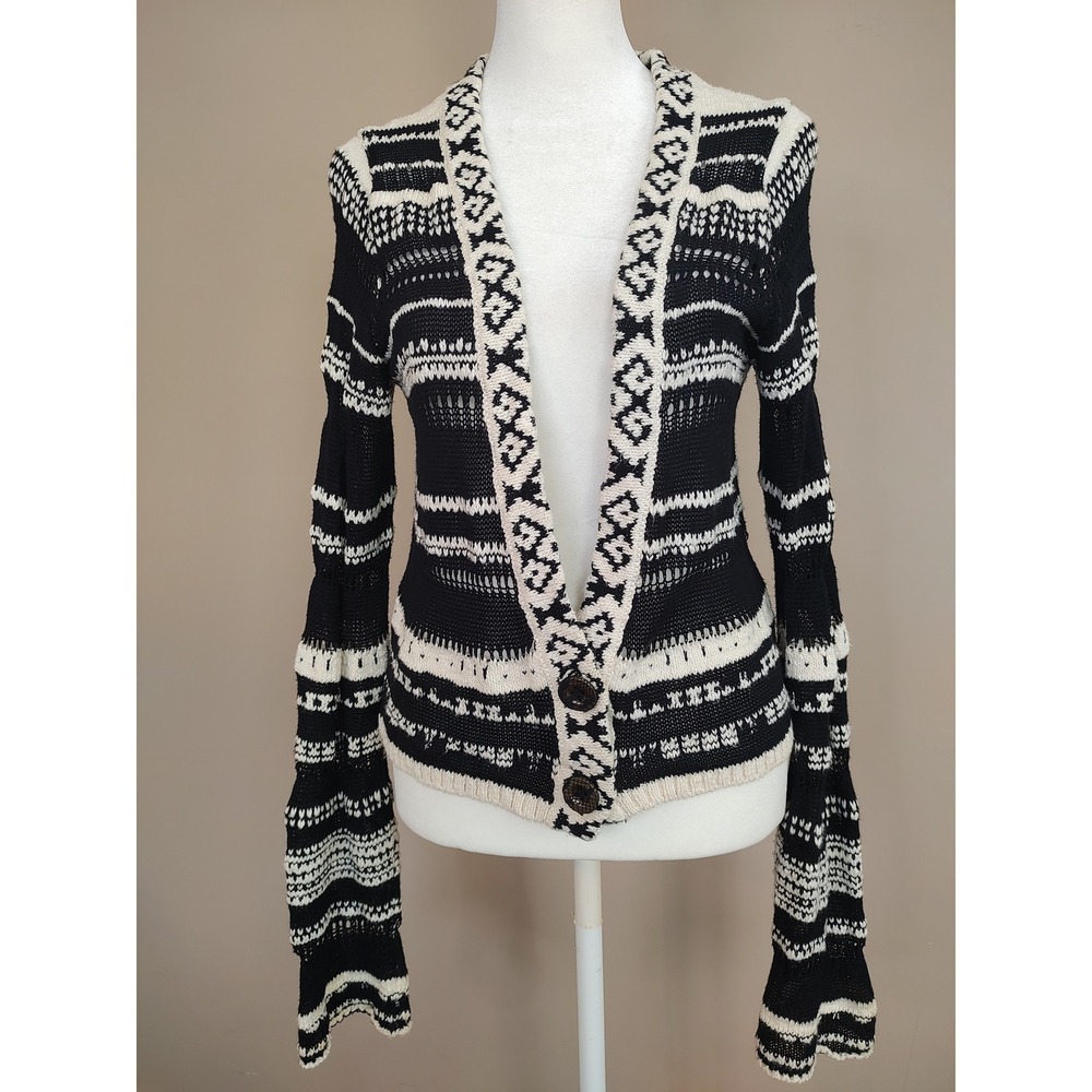 Free People Black‎ Cream Fair Isle Cotton Blend Chunky Knit Cardigan Sweater SP